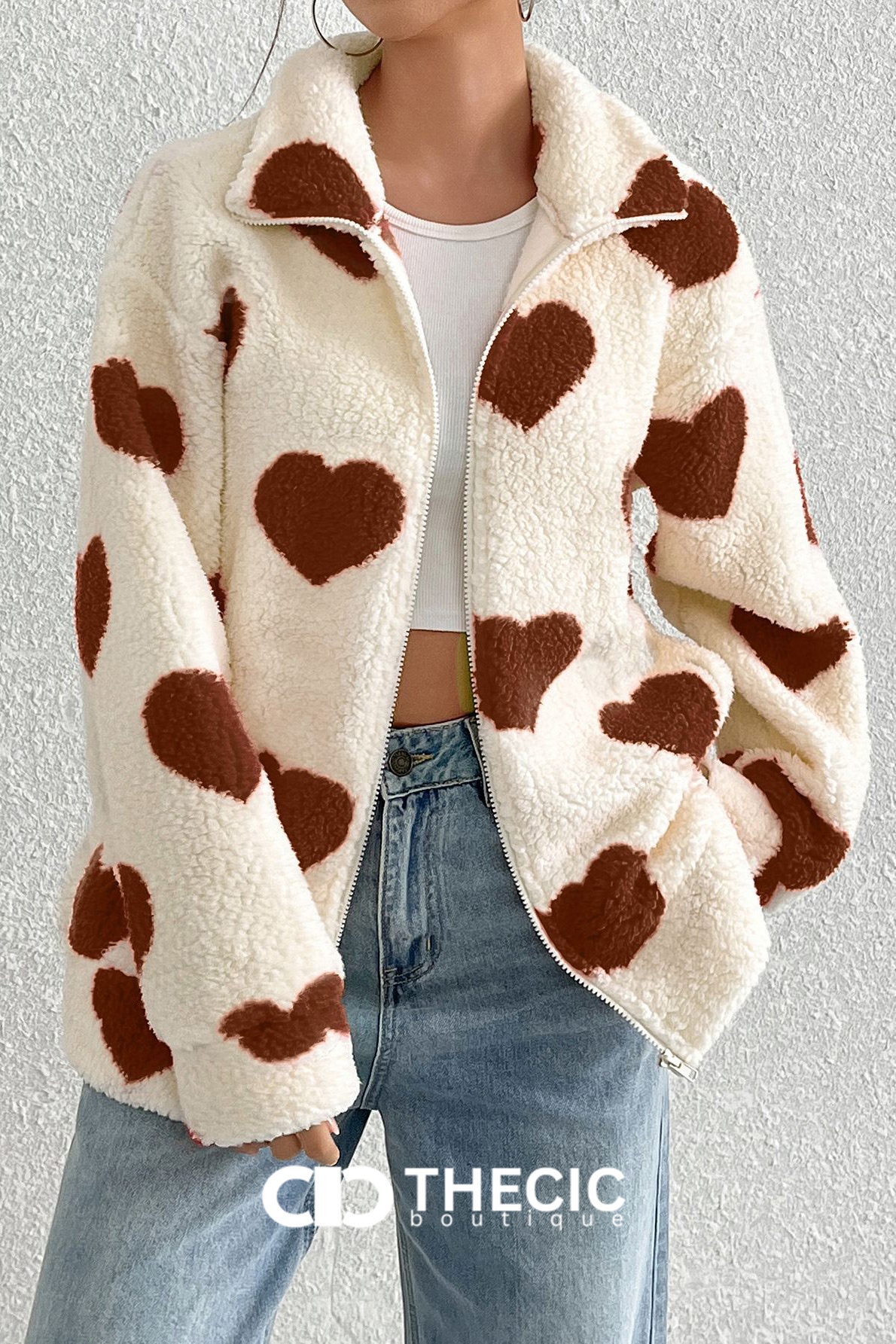 Fuzzy Heart Print Zip-Up Jacket