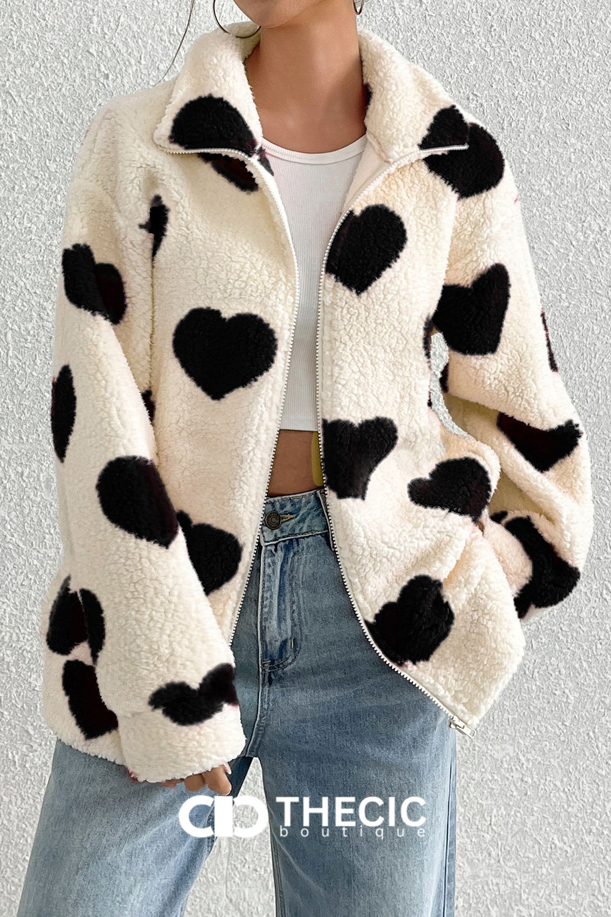 Fuzzy Heart Print Zip-Up Jacket