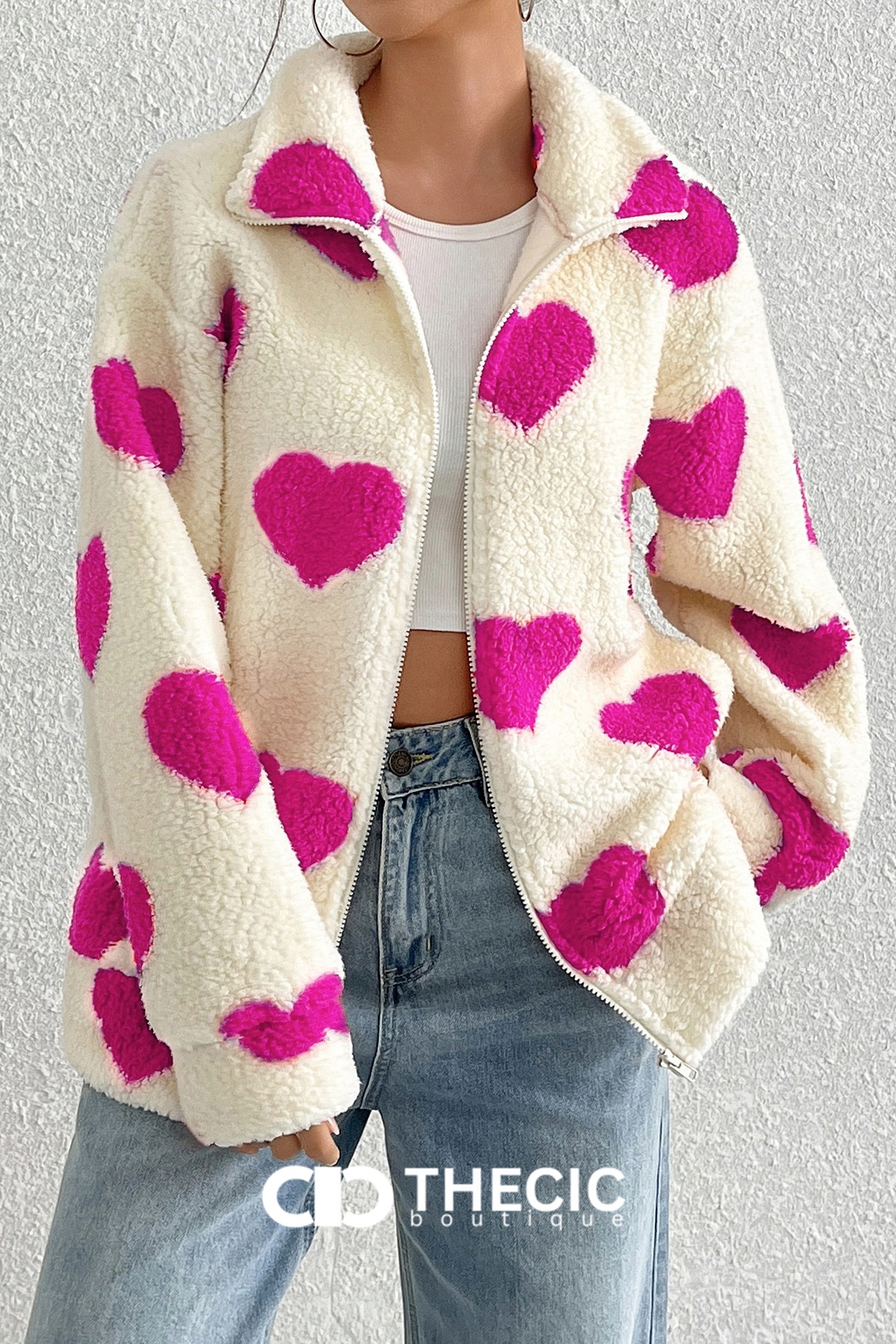 Fuzzy Heart Print Zip-Up Jacket