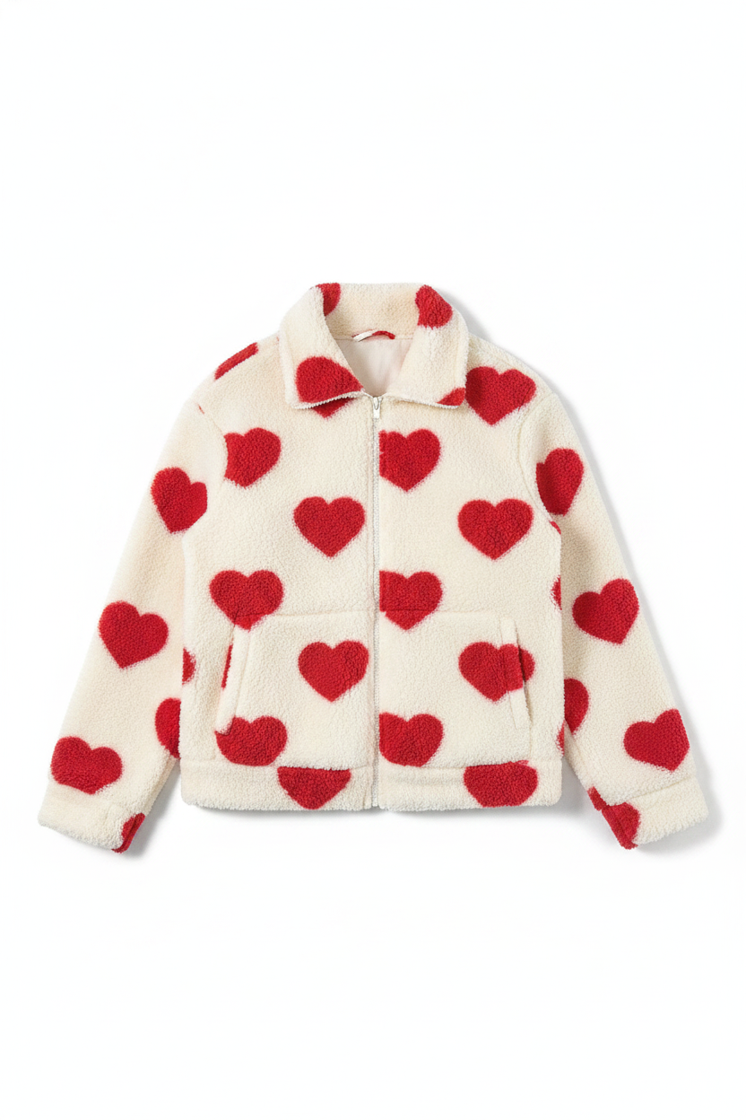Fuzzy Heart Print Zip-Up Jacket