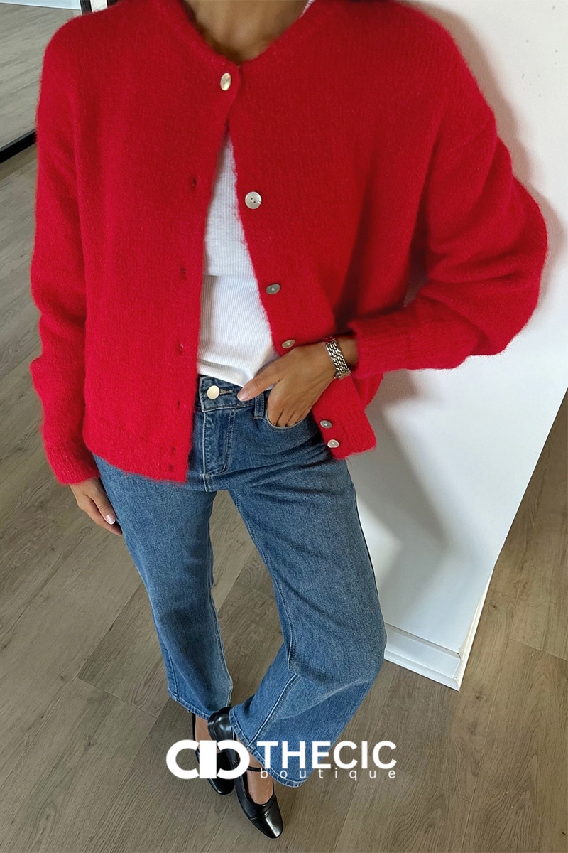 Fuzzy Knit Button-Front Round Neck Cardigan