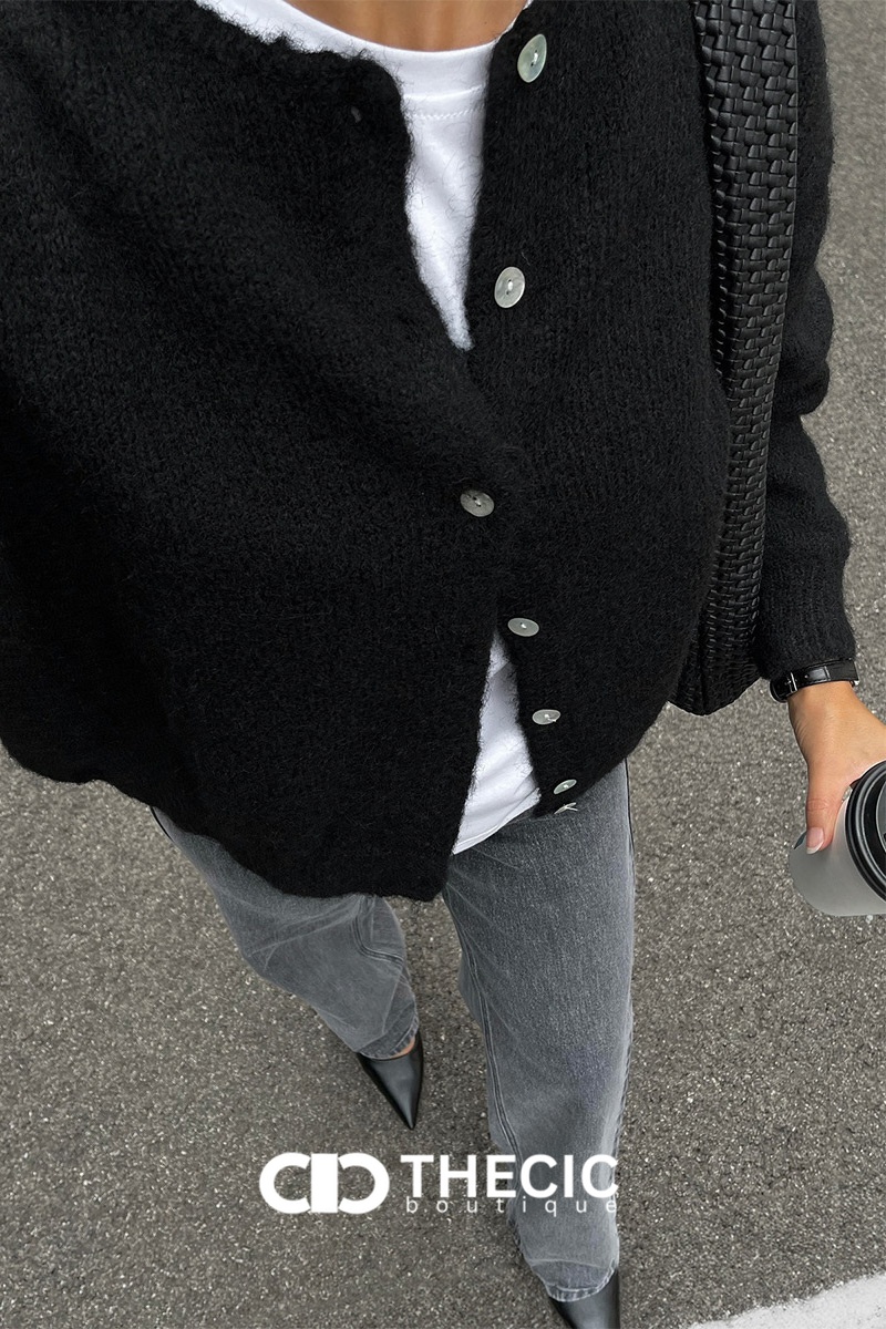 Fuzzy Knit Button-Front Round Neck Cardigan