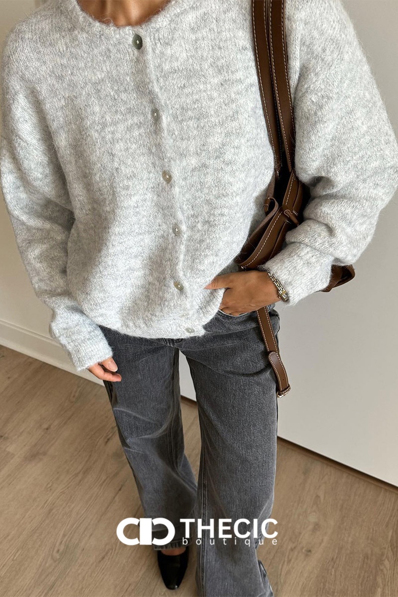 Fuzzy Knit Button-Front Round Neck Cardigan
