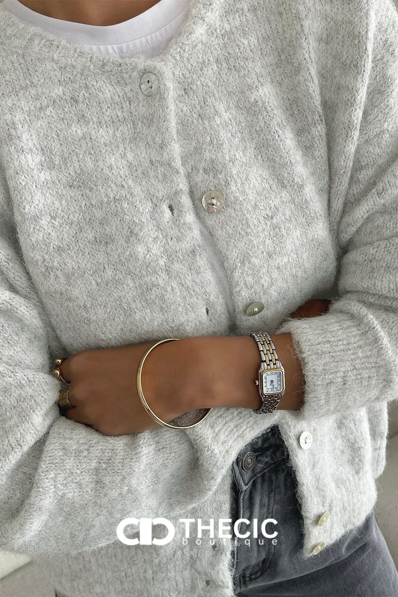 Fuzzy Knit Button-Front Round Neck Cardigan