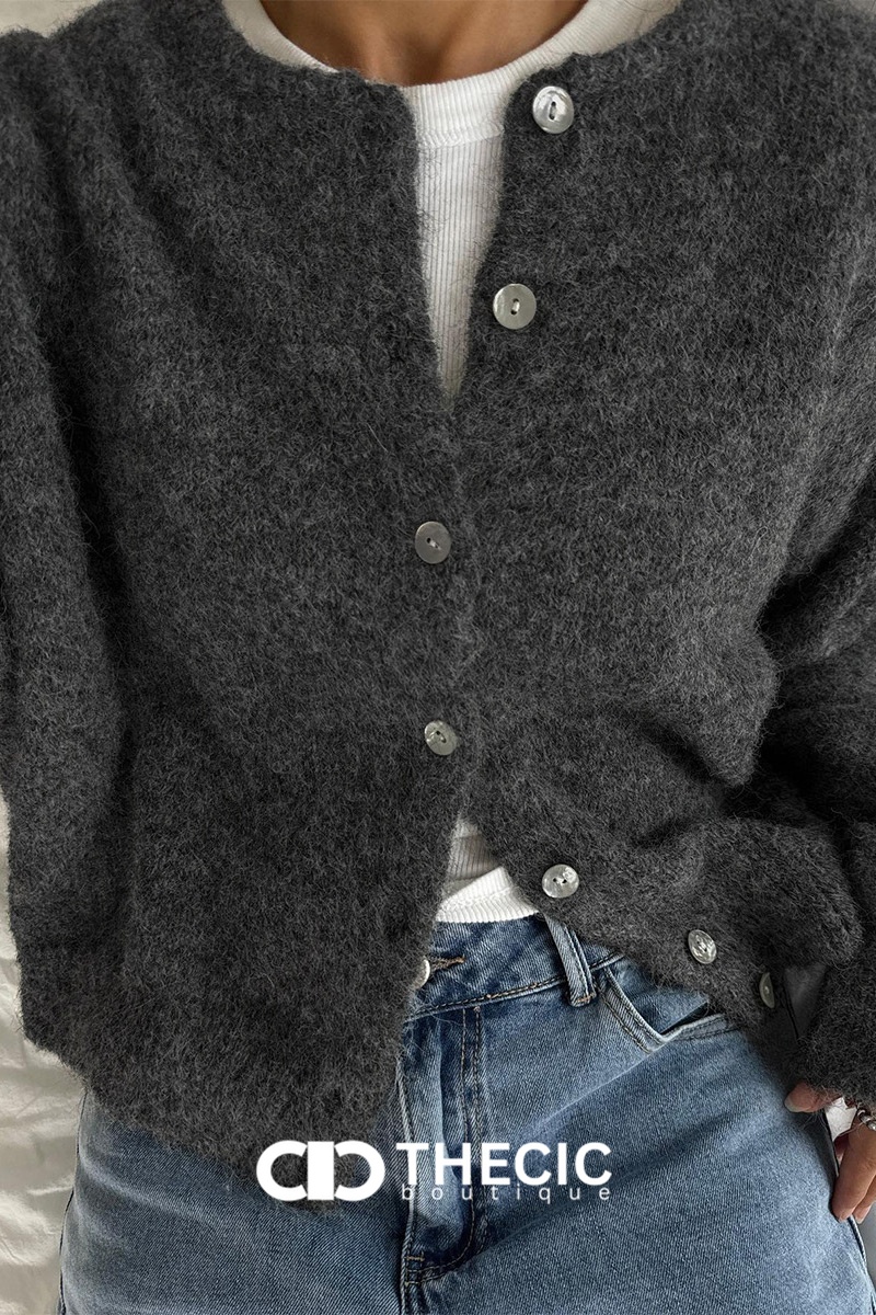 Fuzzy Knit Button-Front Round Neck Cardigan
