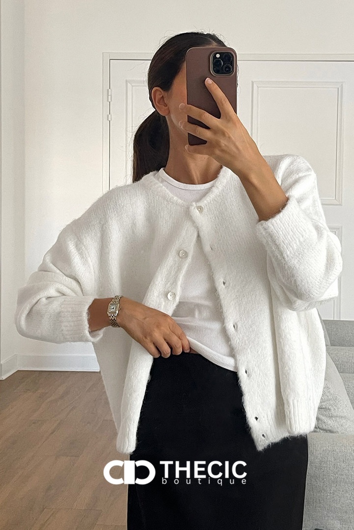 Fuzzy Knit Button-Front Round Neck Cardigan