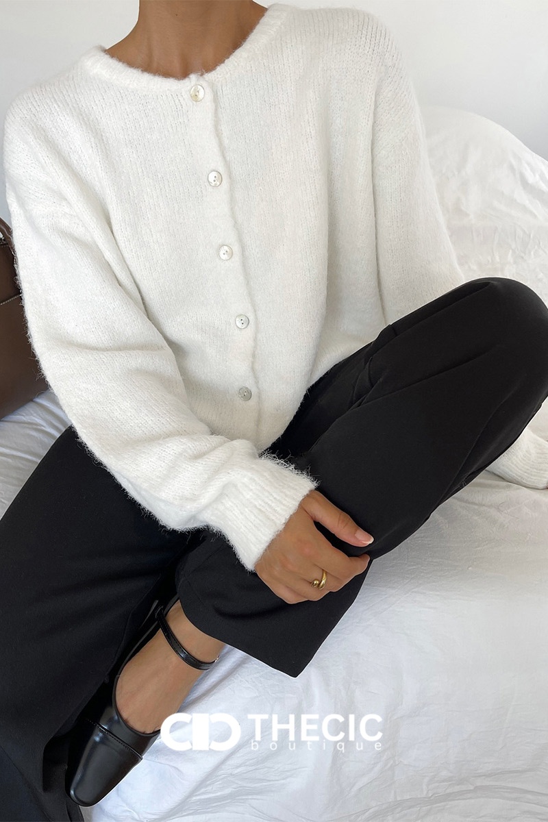 Fuzzy Knit Button-Front Round Neck Cardigan