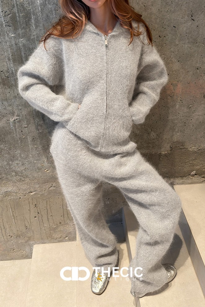 Fuzzy Knit Hooded Wide-Leg Two-Piece Set