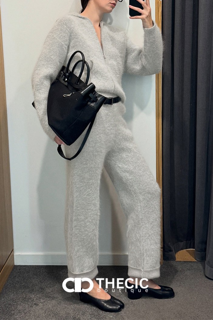 Fuzzy Knit Hooded Wide-Leg Two-Piece Set