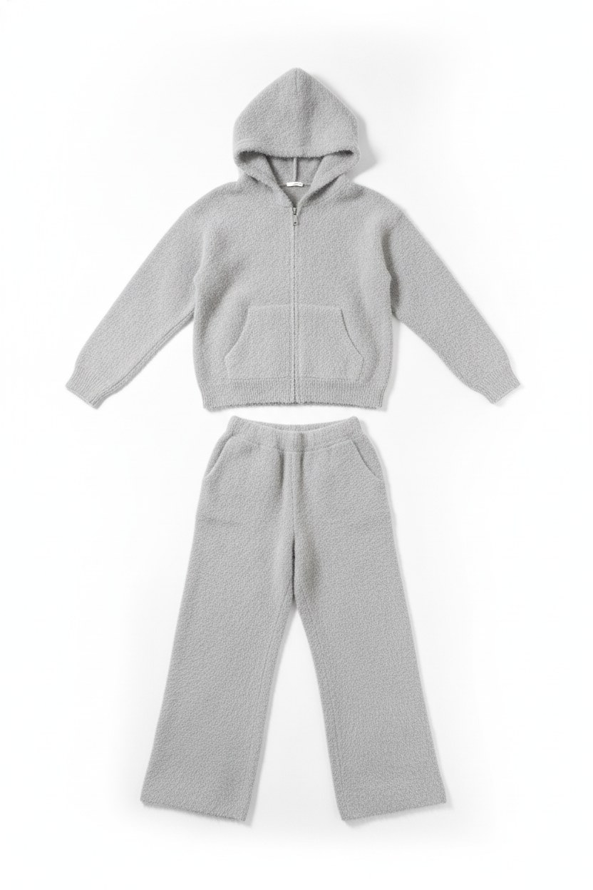 Fuzzy Knit Hooded Wide-Leg Two-Piece Set