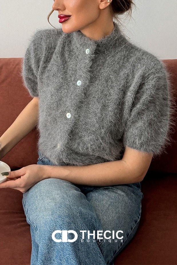 Fuzzy Knit Short Sleeve Button Cardigan