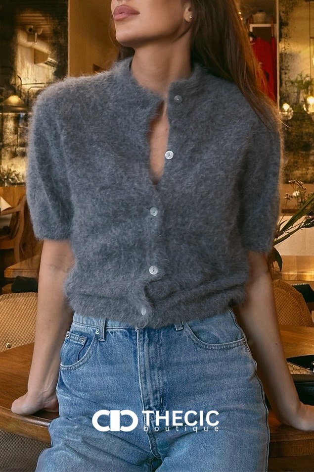 Fuzzy Knit Short Sleeve Button Cardigan