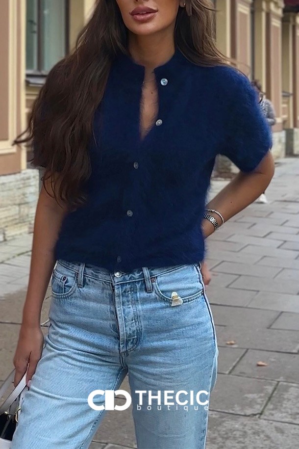 Fuzzy Knit Short Sleeve Button Cardigan
