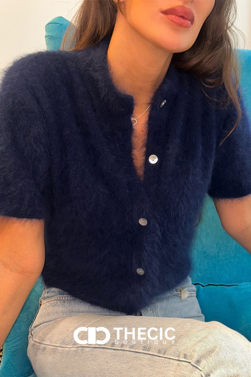 Fuzzy Knit Short Sleeve Button Cardigan