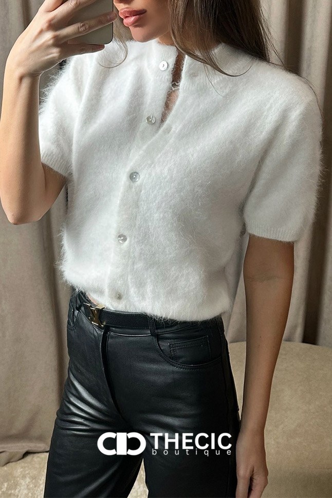Fuzzy Knit Short Sleeve Button Cardigan