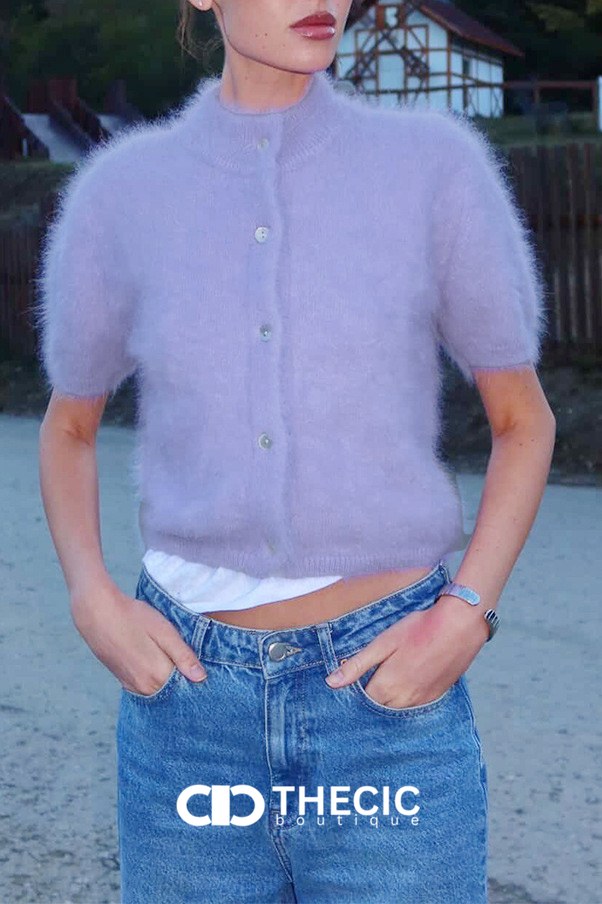 Fuzzy Knit Short Sleeve Button Cardigan