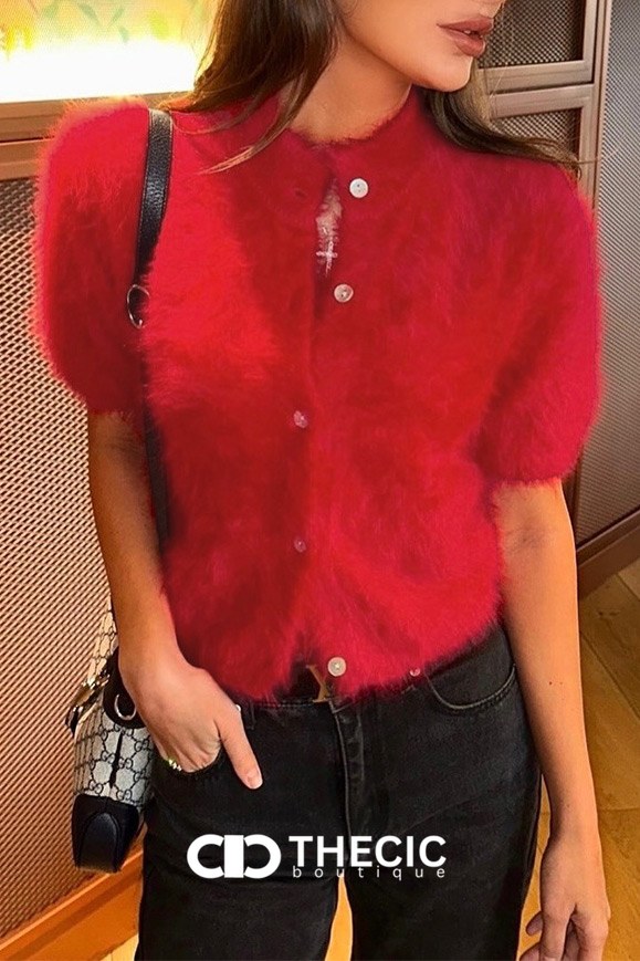 Fuzzy Knit Short Sleeve Button Cardigan