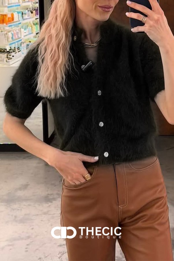 Fuzzy Knit Short Sleeve Button Cardigan
