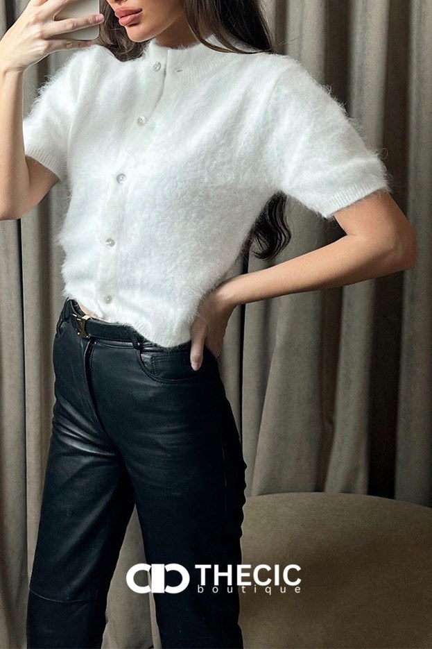 Fuzzy Knit Short Sleeve Button Cardigan
