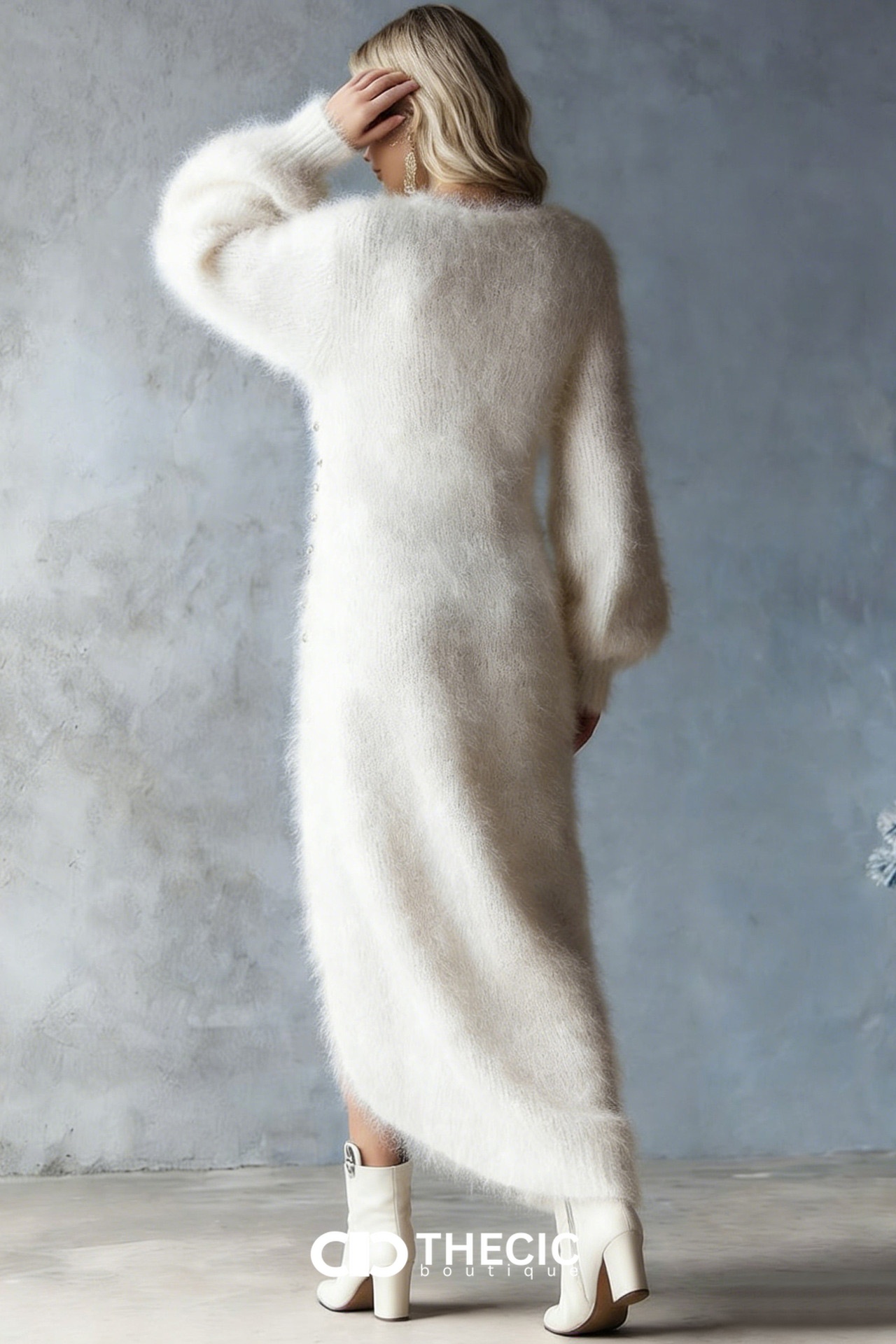Fuzzy Knit V-Neck Button-Front Maxi Dress with Slit