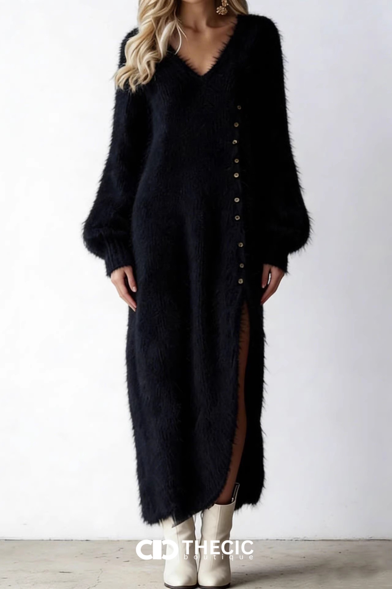 Fuzzy Knit V-Neck Button-Front Maxi Dress with Slit