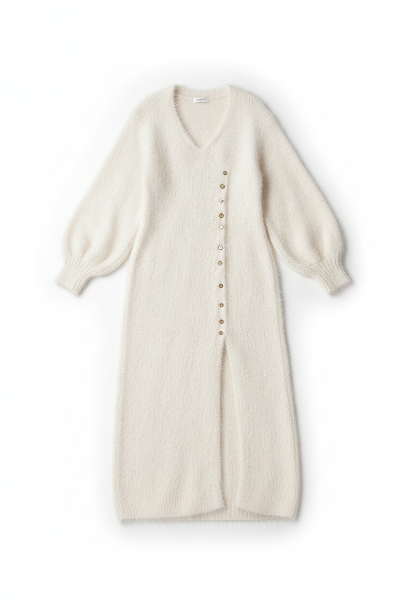 Fuzzy Knit V-Neck Button-Front Maxi Dress with Slit