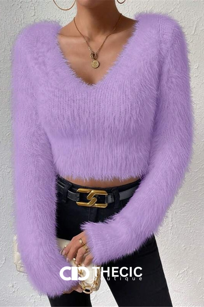 Fuzzy Knit V-Neck Long Sleeve Crop Top