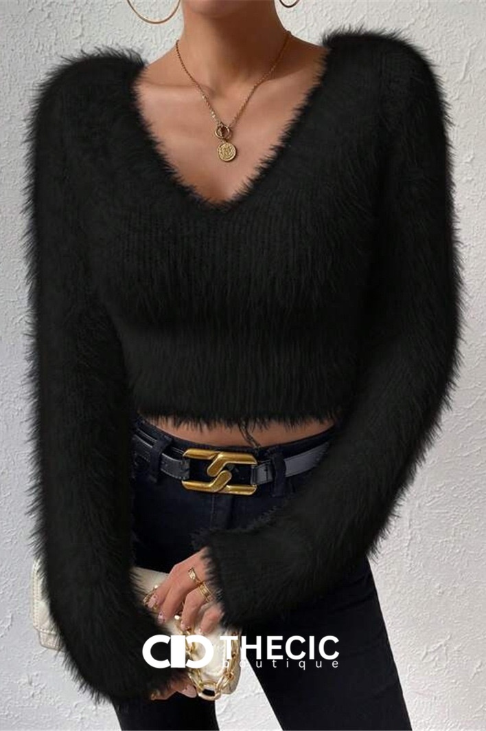 Fuzzy Knit V-Neck Long Sleeve Crop Top