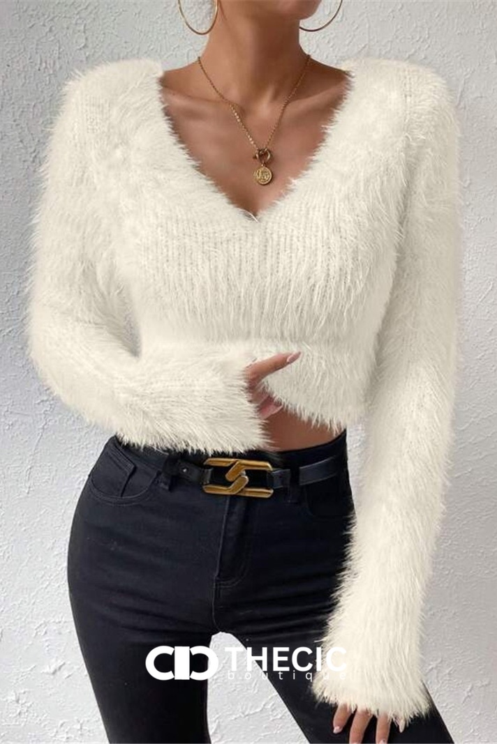 Fuzzy Knit V-Neck Long Sleeve Crop Top