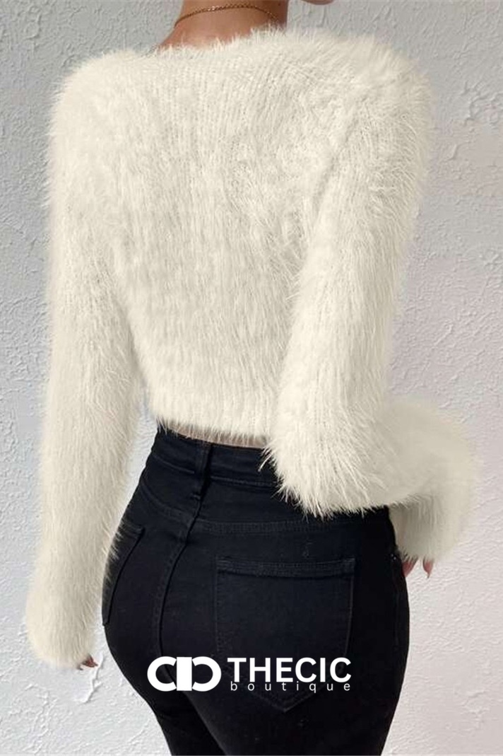 Fuzzy Knit V-Neck Long Sleeve Crop Top