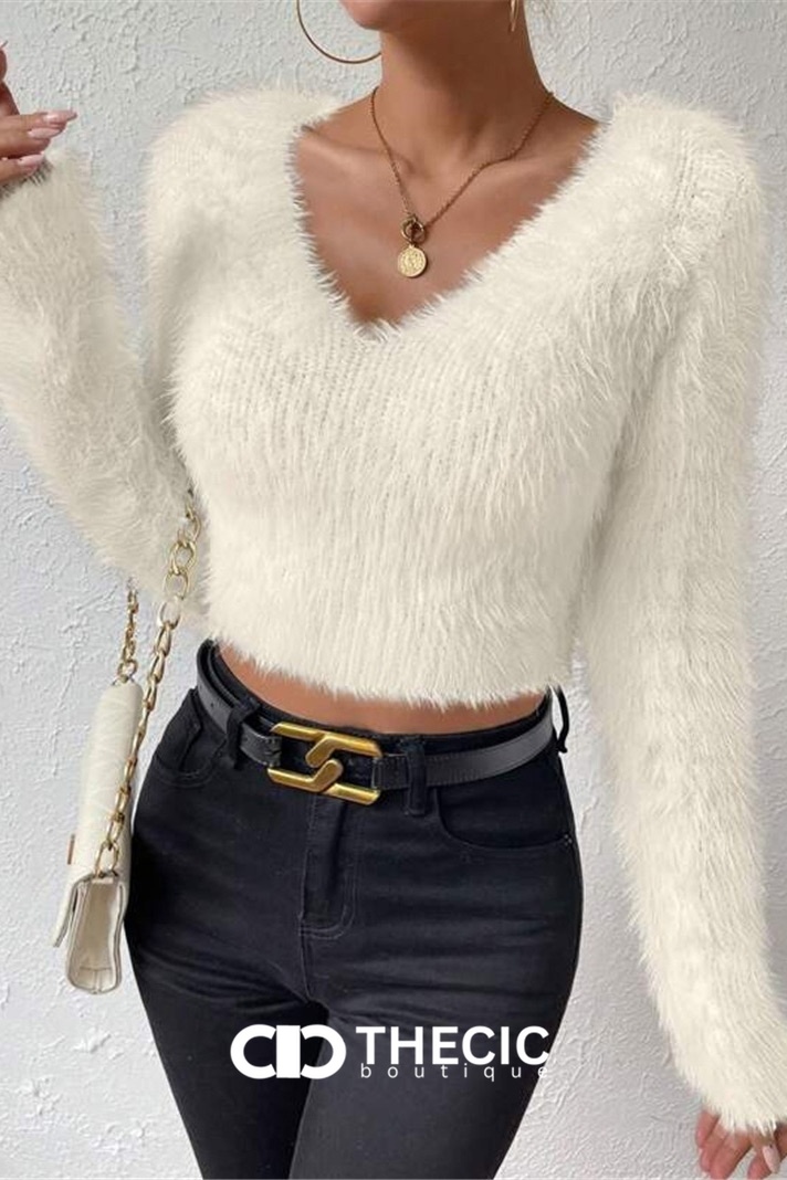 Fuzzy Knit V-Neck Long Sleeve Crop Top