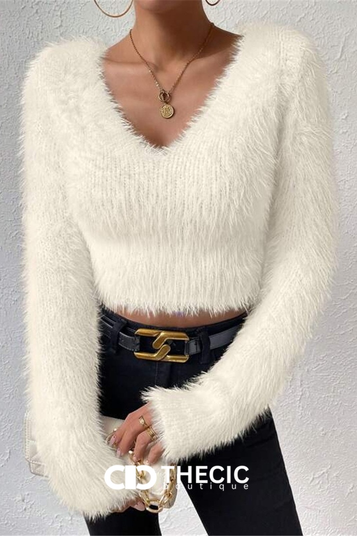 Fuzzy Knit V-Neck Long Sleeve Crop Top