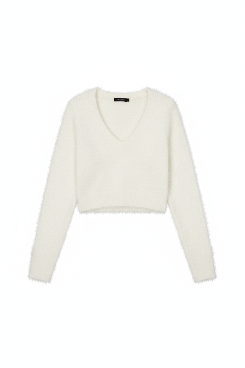 Fuzzy Knit V-Neck Long Sleeve Crop Top