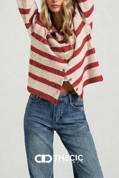 Fuzzy Striped Collared Button Cardigan