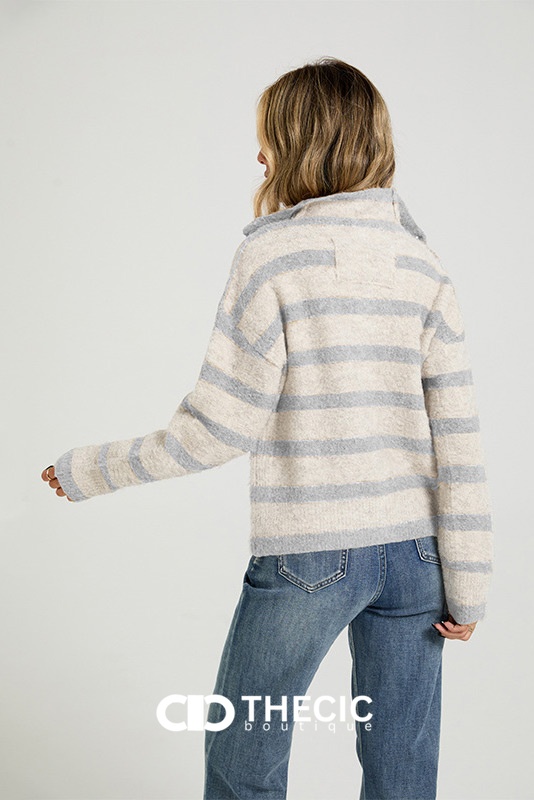Fuzzy Striped Collared Button Cardigan