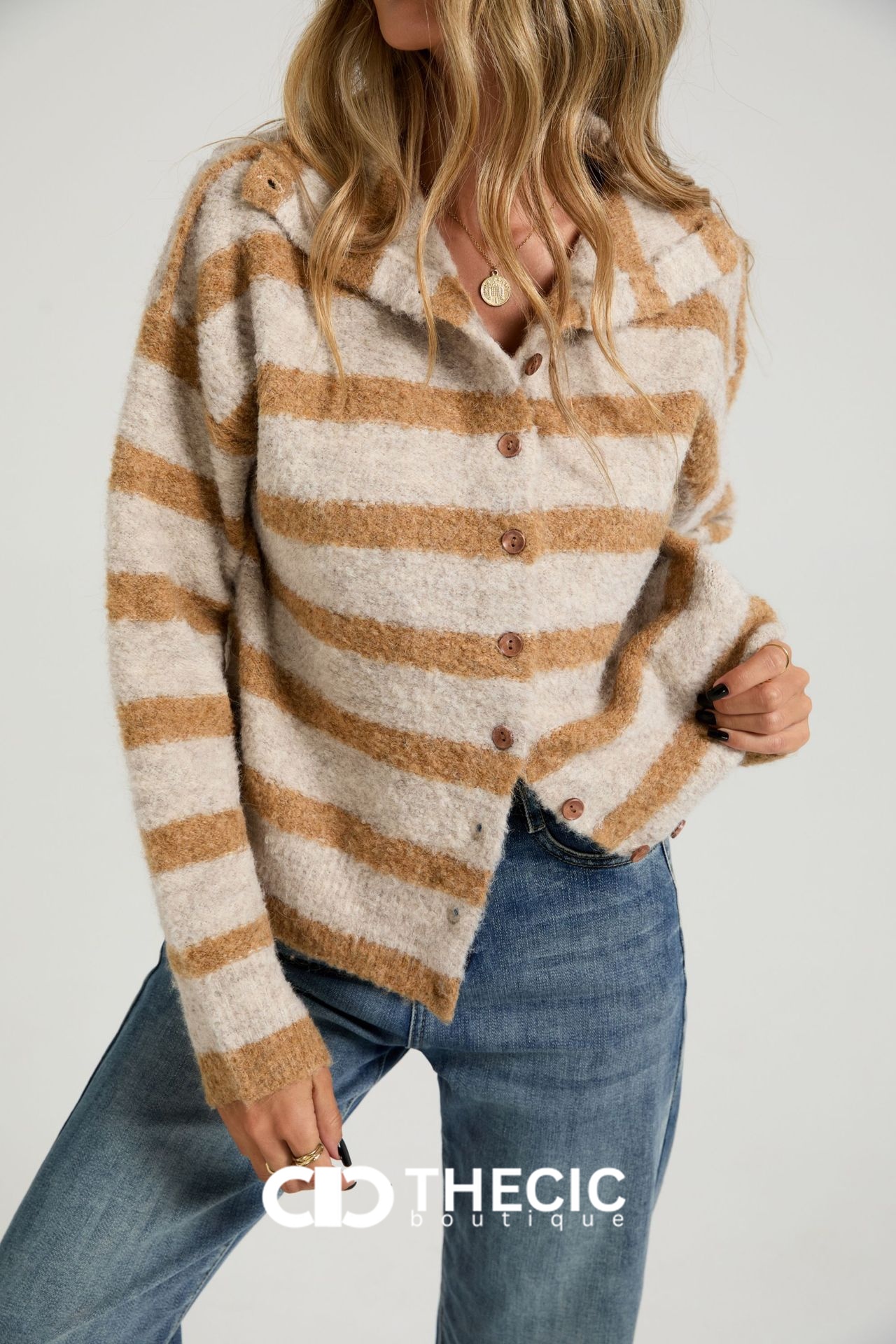 Fuzzy Striped Collared Button Cardigan