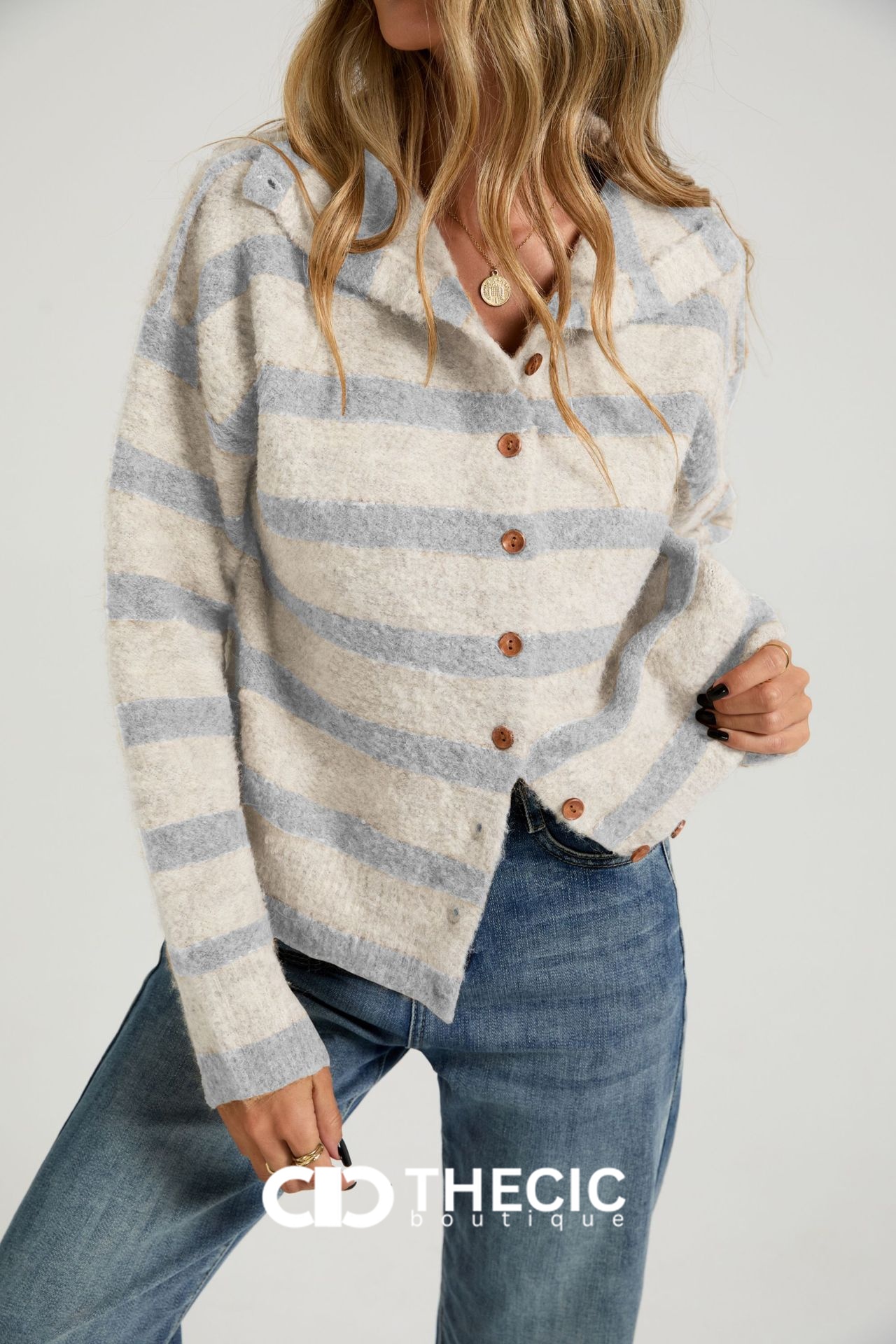 Fuzzy Striped Collared Button Cardigan