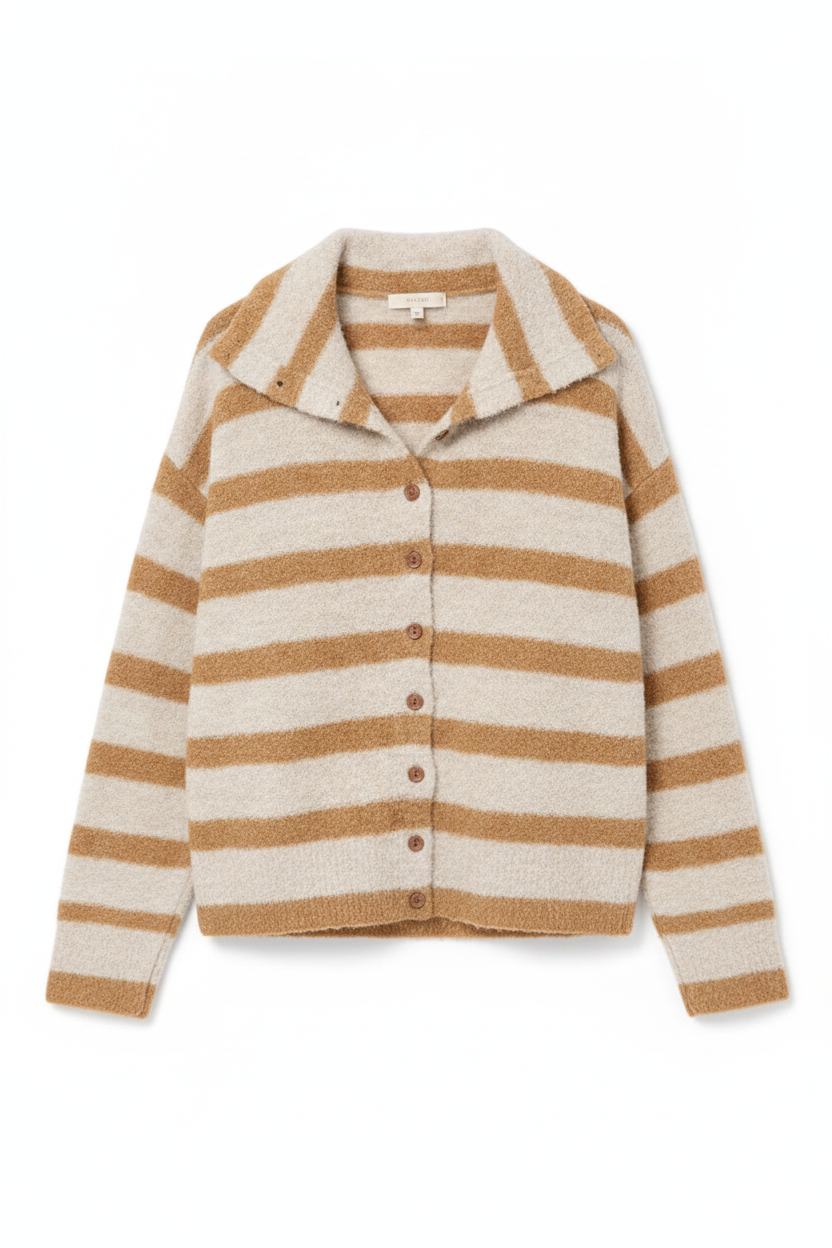 Fuzzy Striped Collared Button Cardigan
