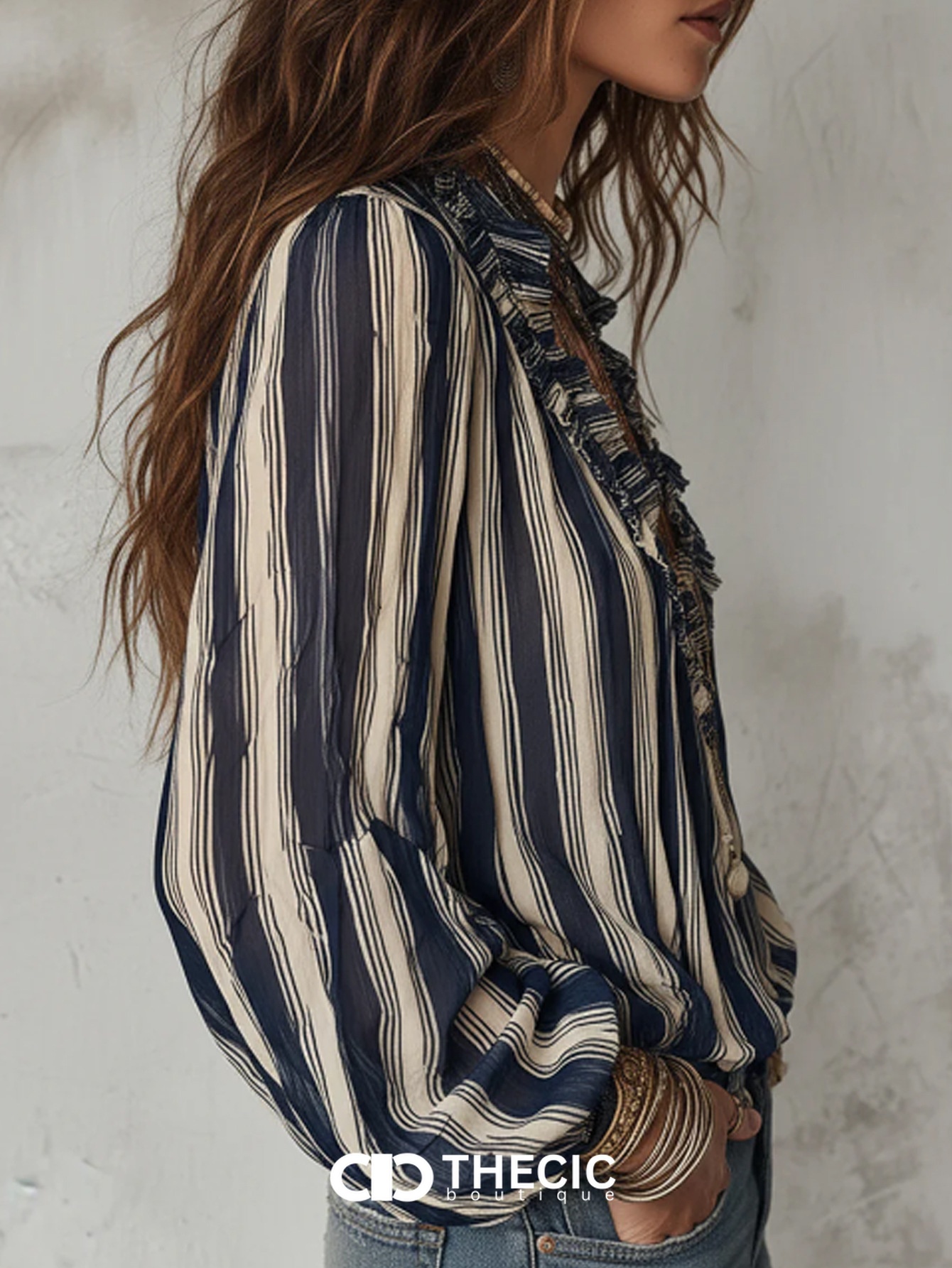 Gauzy Striped Ruffled V-Neck Blouse