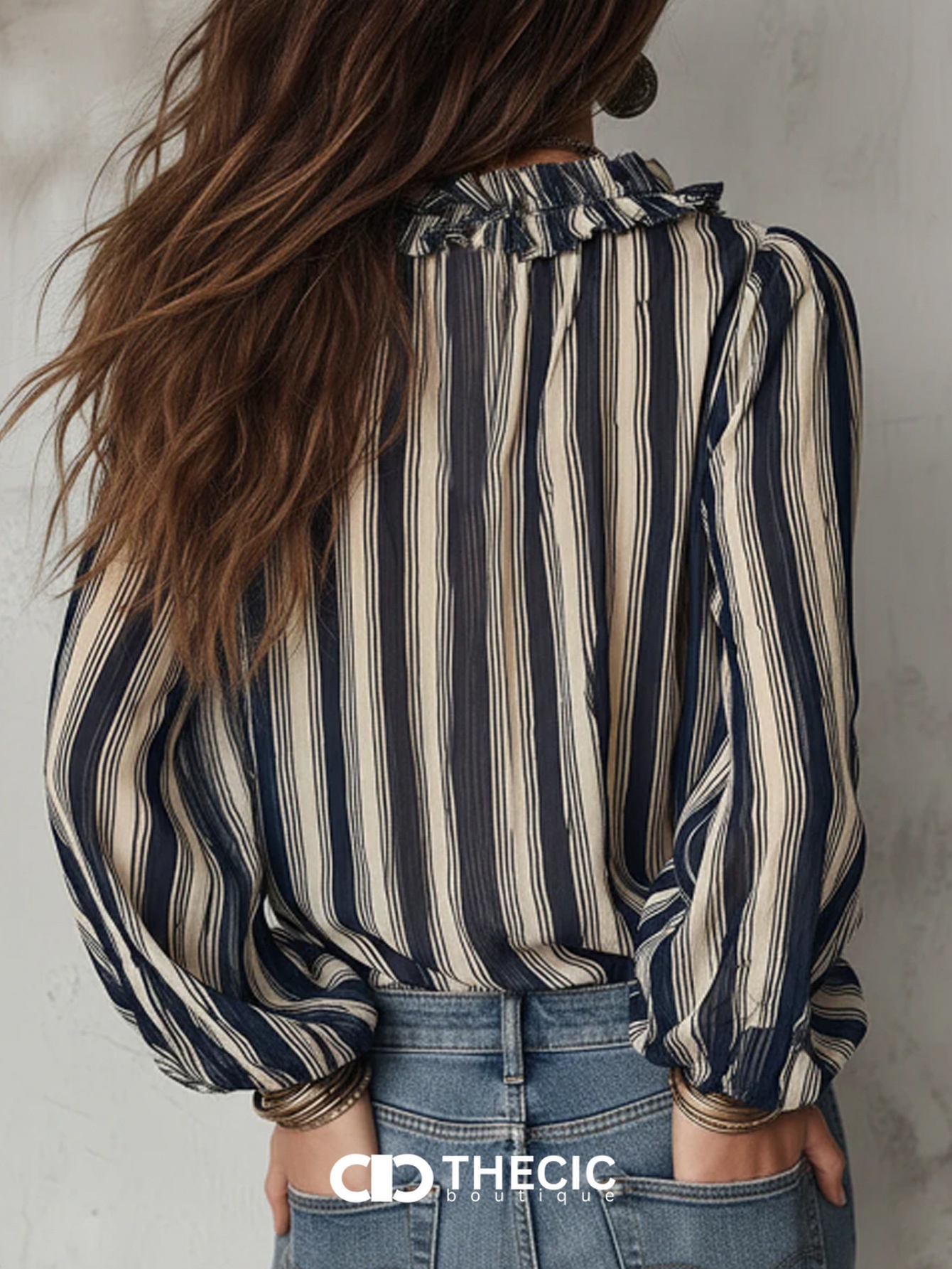 Gauzy Striped Ruffled V-Neck Blouse