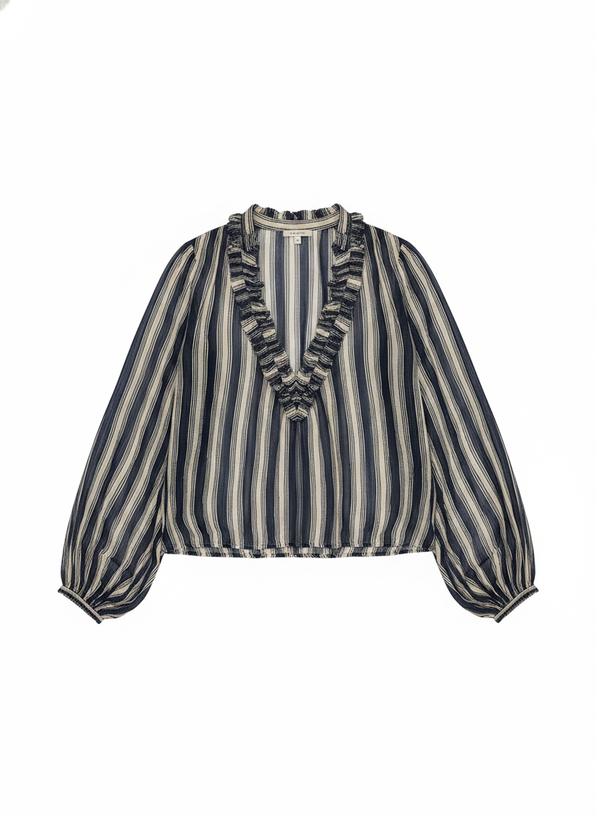 Gauzy Striped Ruffled V-Neck Blouse
