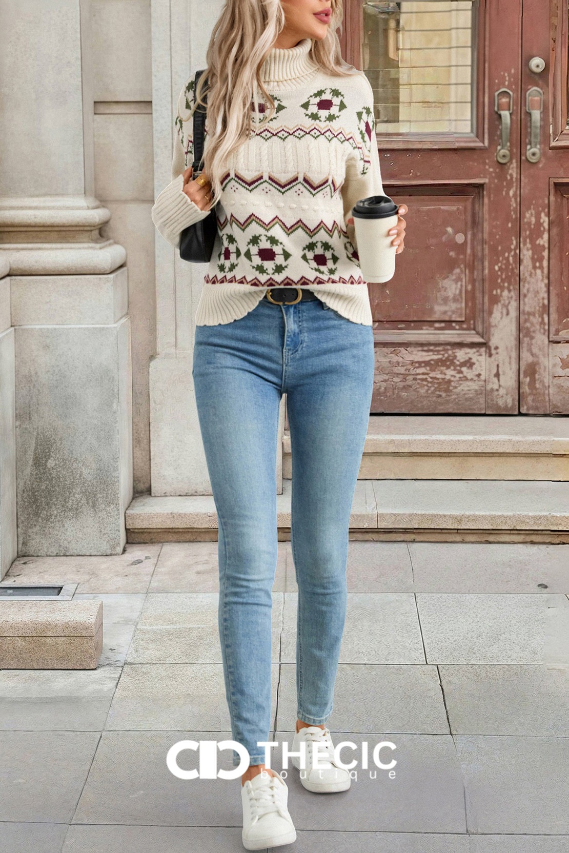 Geometric Pattern Cable Knit Turtleneck Sweater