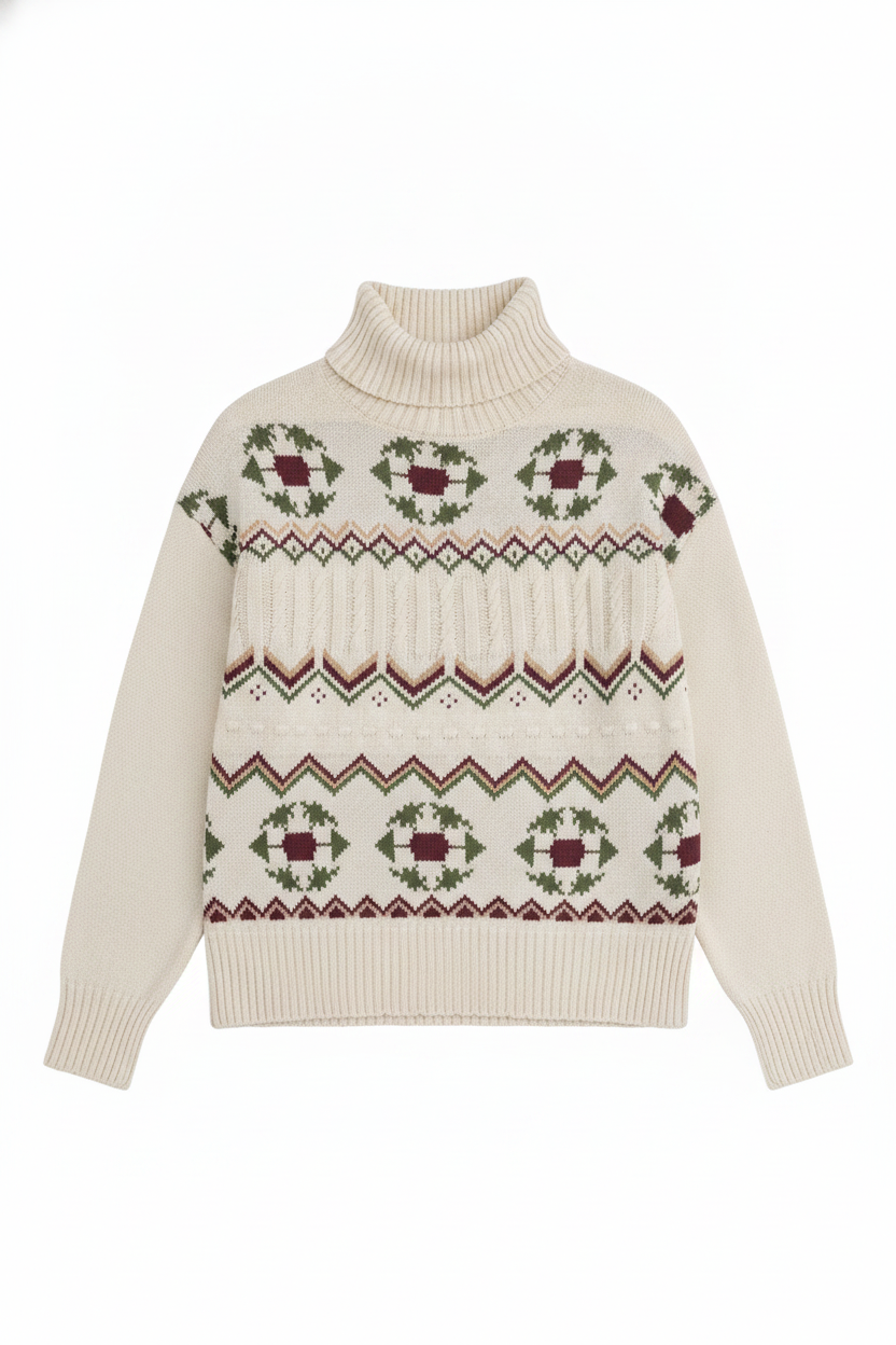 Geometric Pattern Cable Knit Turtleneck Sweater
