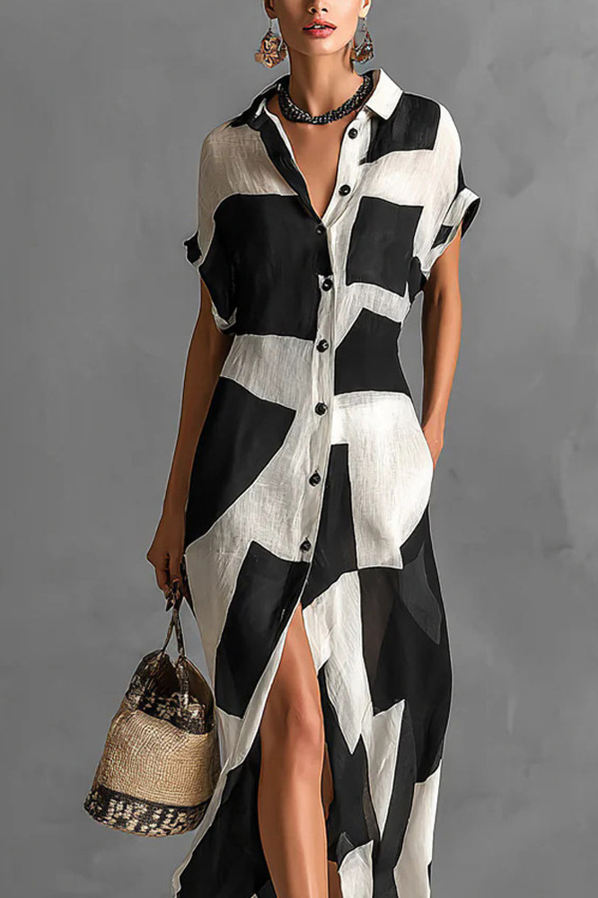 Geometric Print Collared Button-Front Maxi Shirt Dress