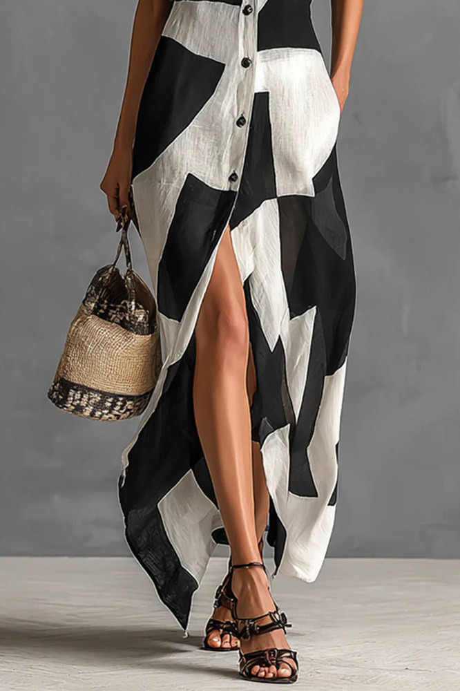 Geometric Print Collared Button-Front Maxi Shirt Dress