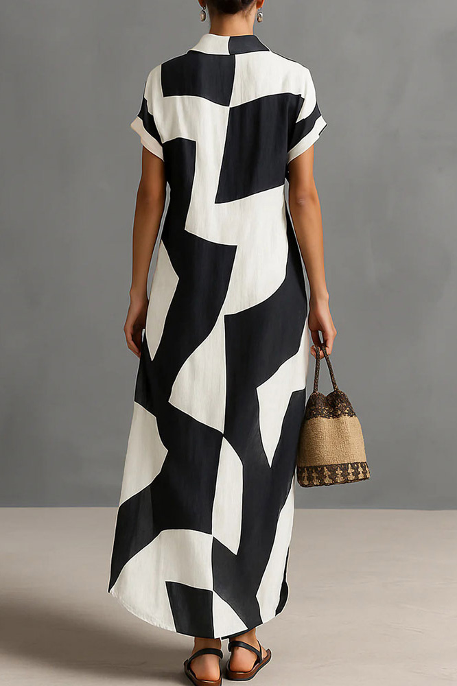 Geometric Print Collared Button-Front Maxi Shirt Dress