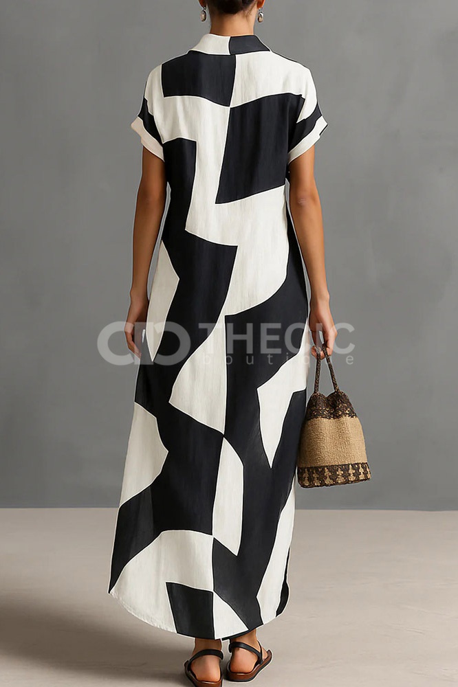 Geometric Print Collared Button-Front Maxi Shirt Dress