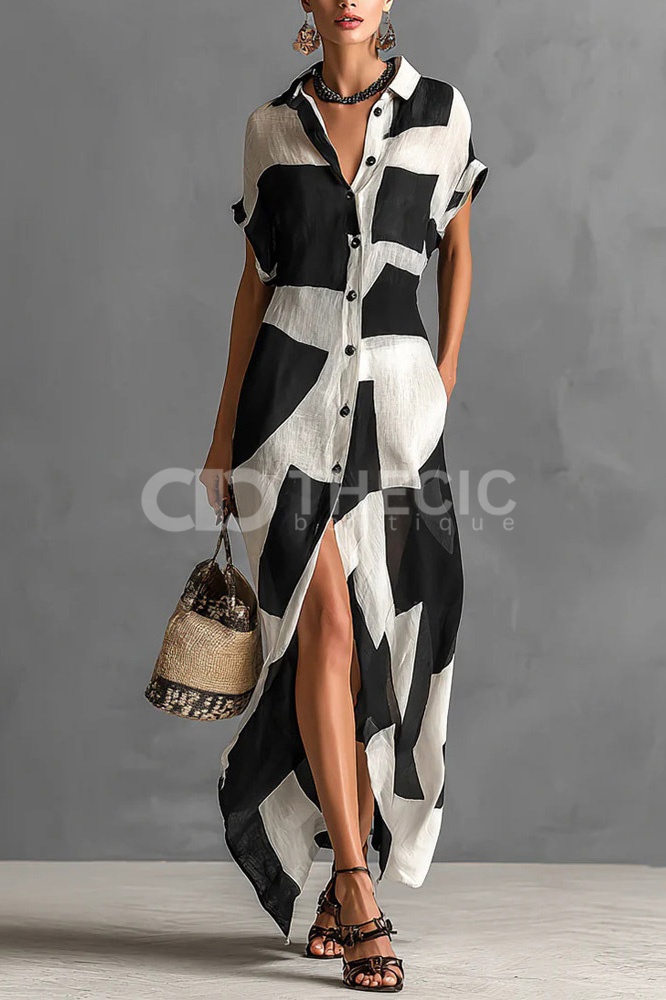 Geometric Print Collared Button-Front Maxi Shirt Dress