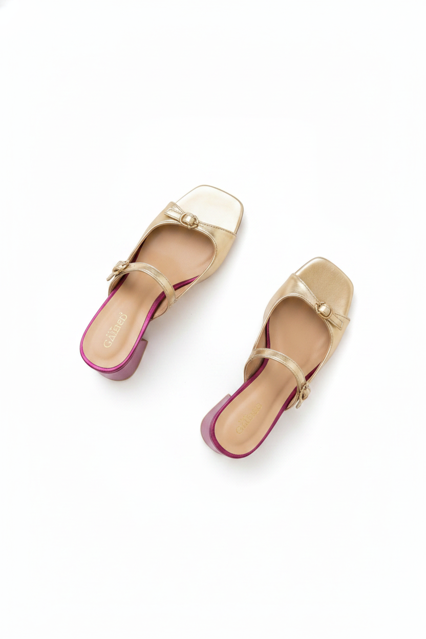 Gilded Square-Toe Block Heel Mules with Fuchsia Contrast