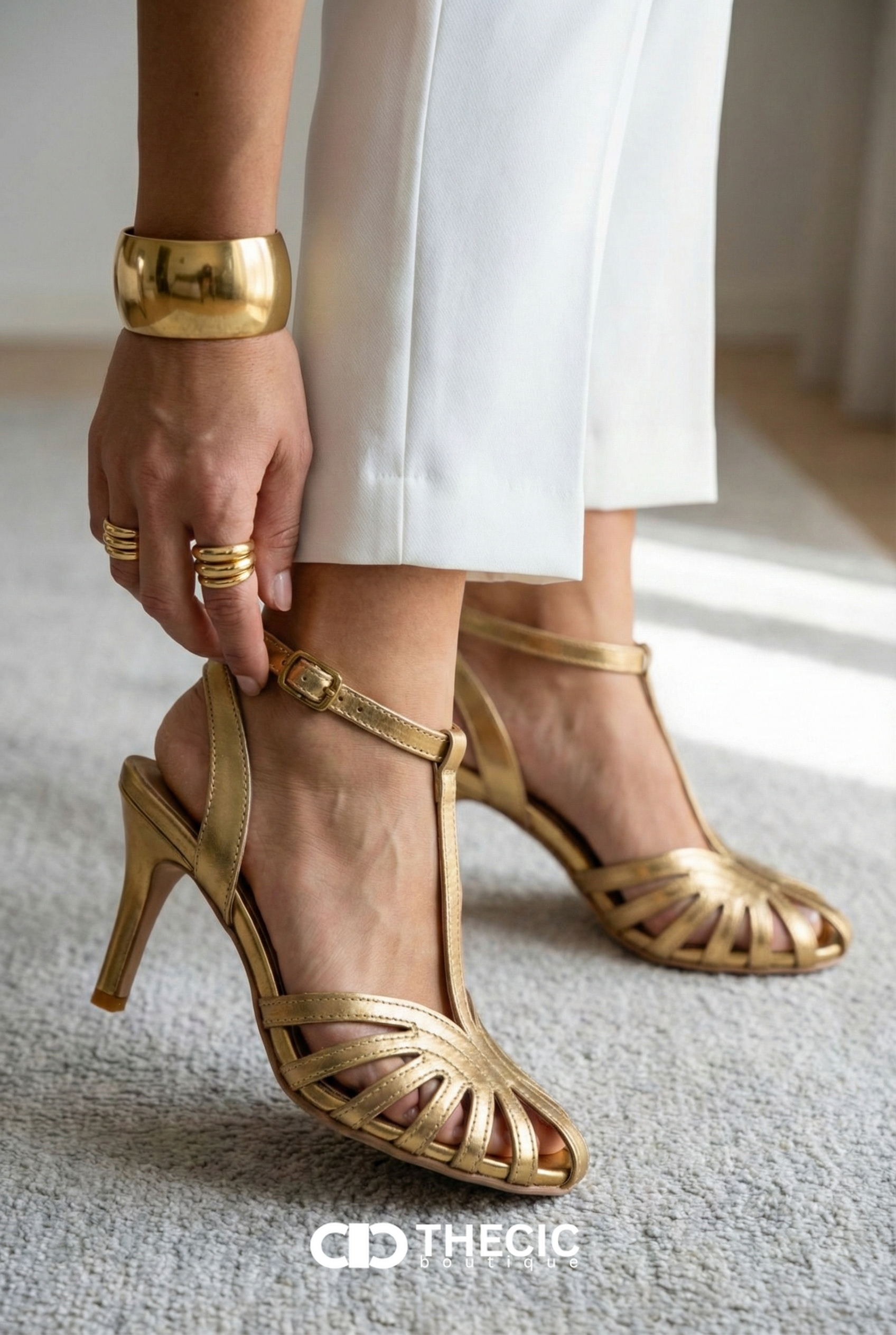 Gilded T-Strap Cut-Out Block Heel Sandals
